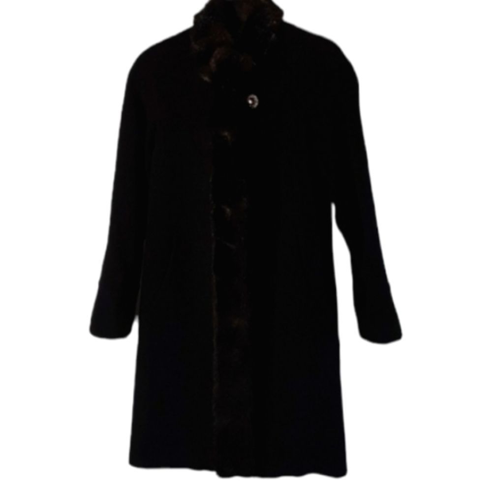 Albert Nipon Size Small Long Wool Coat Faux Fur T… - image 1